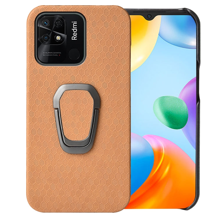 Coffee-orange PU phone case with honeycomb texture and gray ring holder for Redmi 10C 4G