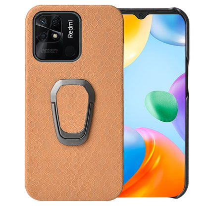 Coffee-orange PU phone case with honeycomb texture and gray ring holder for Redmi 10C 4G