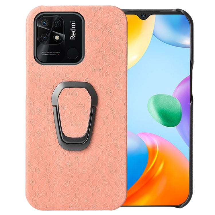 Pink PU phone case with honeycomb texture and gray ring holder for Redmi 10C 4G
