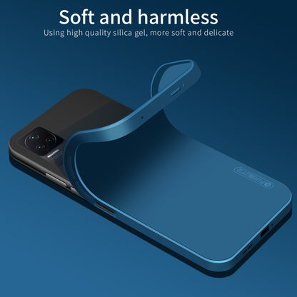 Blue liquid silicone TPU phone case with raised corners and camera cutout