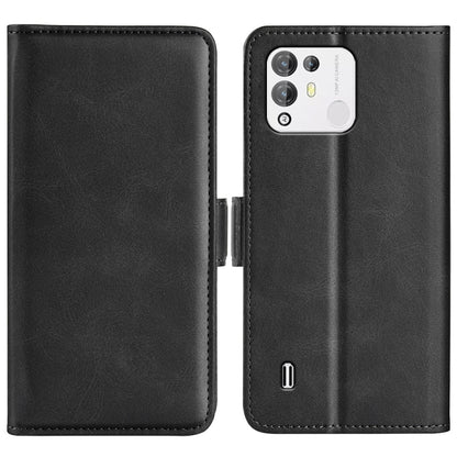 Black leather dual-side magnetic buckle phone case, shown open with cutouts and camera window