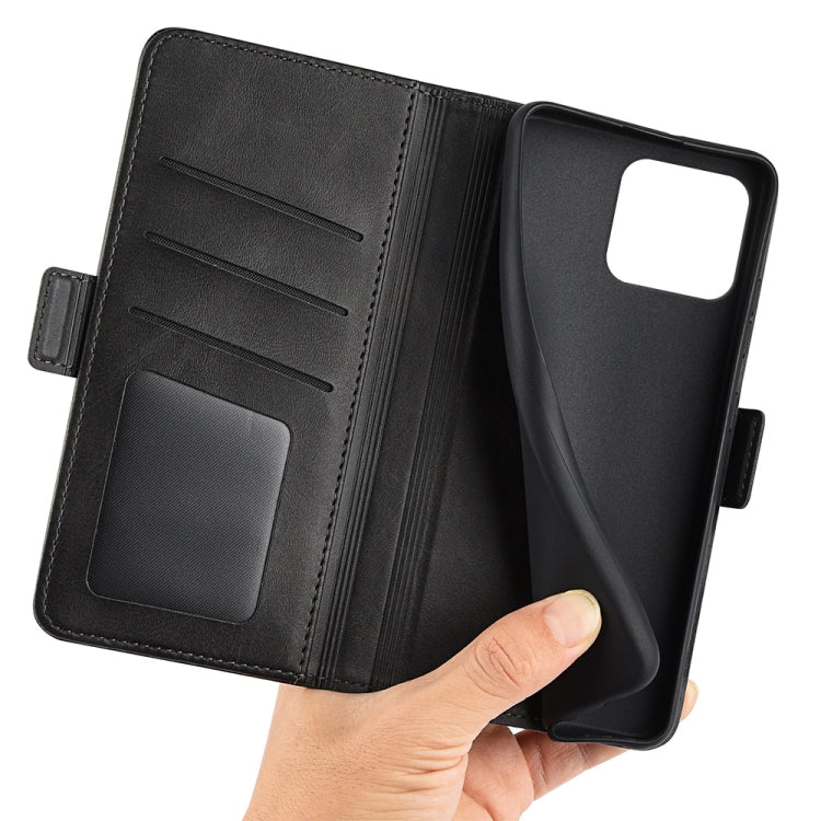Black leather wallet-style phone case with magnetic side buckle and card slots, open view