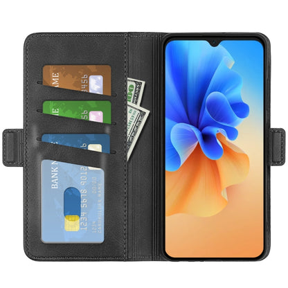 Black leather phone case with card slots and magnetic buckle, front cover open