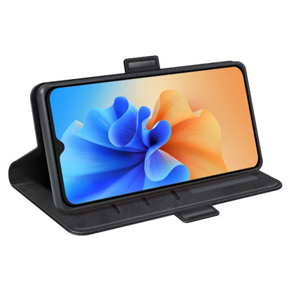 Black leather folio phone case with stand support, magnetic buckle visible