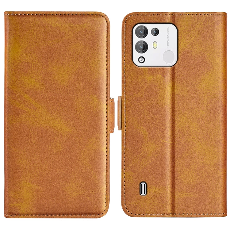 Brown leather dual-side magnetic buckle phone case, shown open with camera window