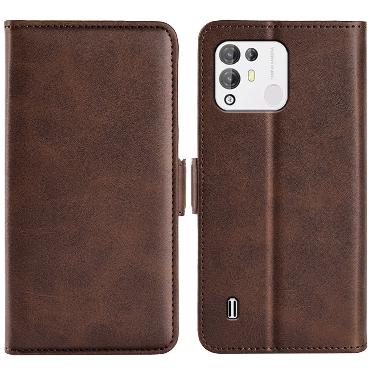 Brown leather phone case with magnetic buckle, dual panels with camera cutout