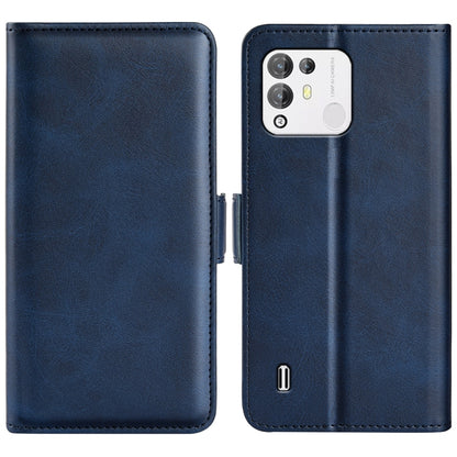 Dark blue leather dual-side magnetic buckle phone case, shown open with camera window