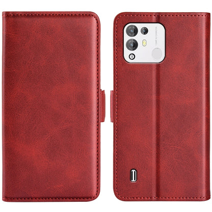 Red leather dual-side magnetic buckle phone case, shown open with camera cutout