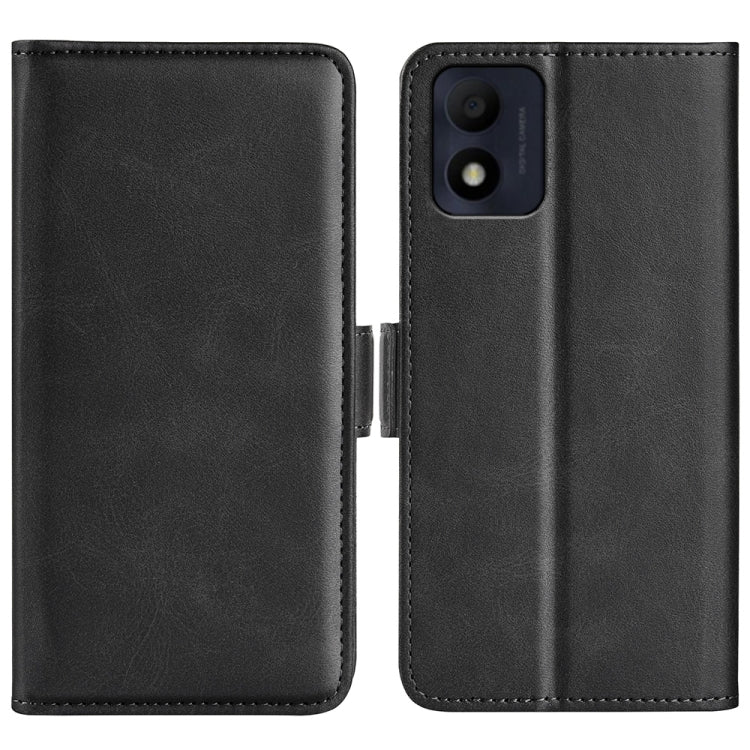 Black leather flip phone case with magnetic buckle, horizontal wallet style.