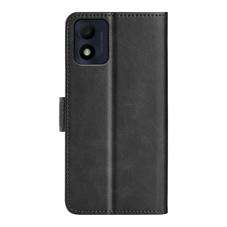 Black leather flip phone case with camera cutout on back cover.