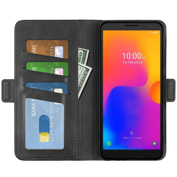 Black leather flip phone case with card slots and phone screen inside.
