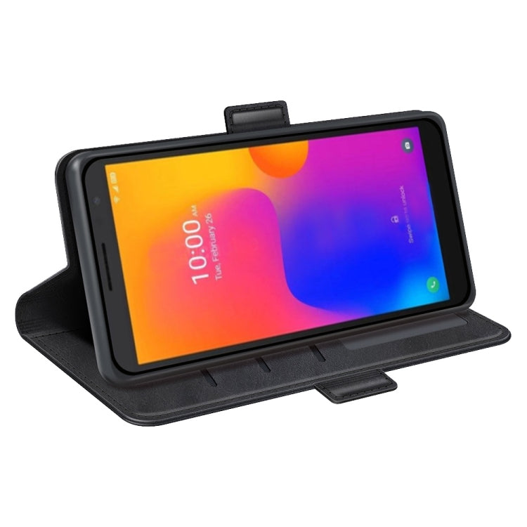 Black leather flip phone case with kickstand, phone displayed front.