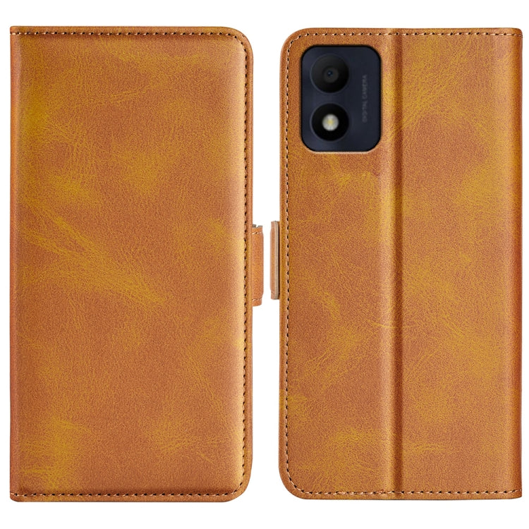 Brown leather flip phone case with magnetic buckle, horizontal wallet style.