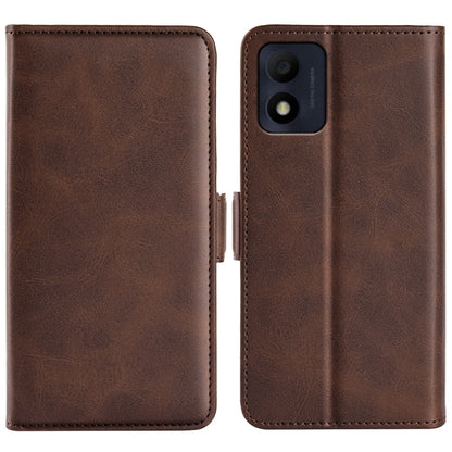 Brown leather flip phone case with camera cutout on back cover.