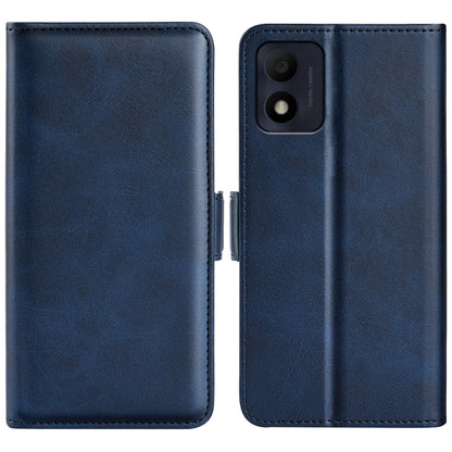 Dark blue leather flip phone case with magnetic buckle, horizontal wallet style.