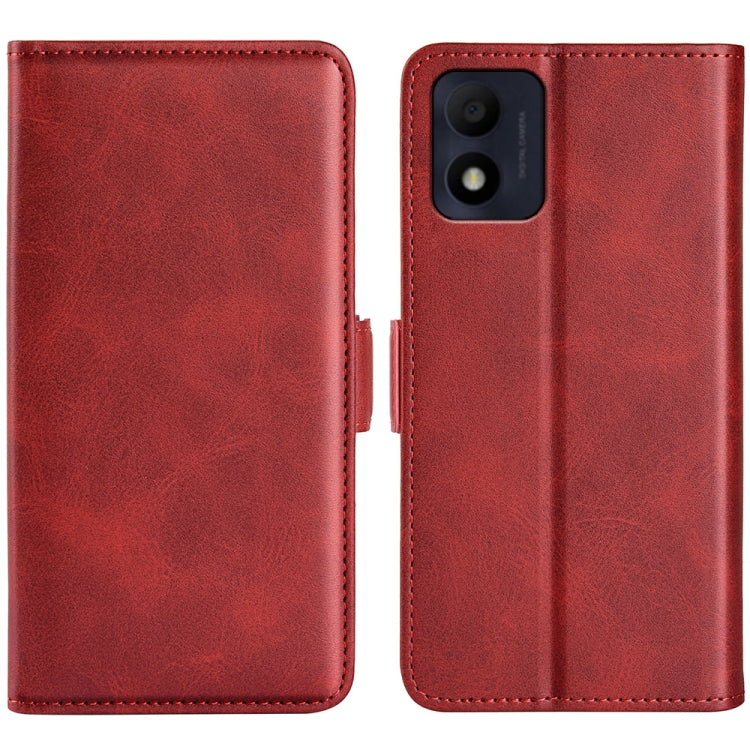 Red leather flip phone case with magnetic buckle and camera cutout back.
