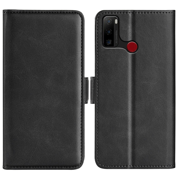 Dual-side magnetic buckle leather phone case, black, with camera cutout and divider flap