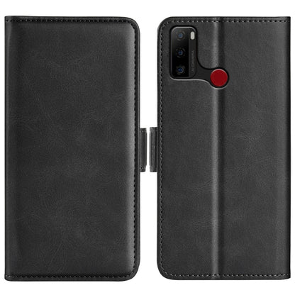 Dual-side magnetic buckle leather phone case, black, with camera cutout and divider flap