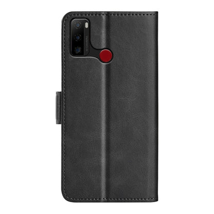 Dual-side magnetic buckle leather phone case, black, camera cutout with red magnet tab