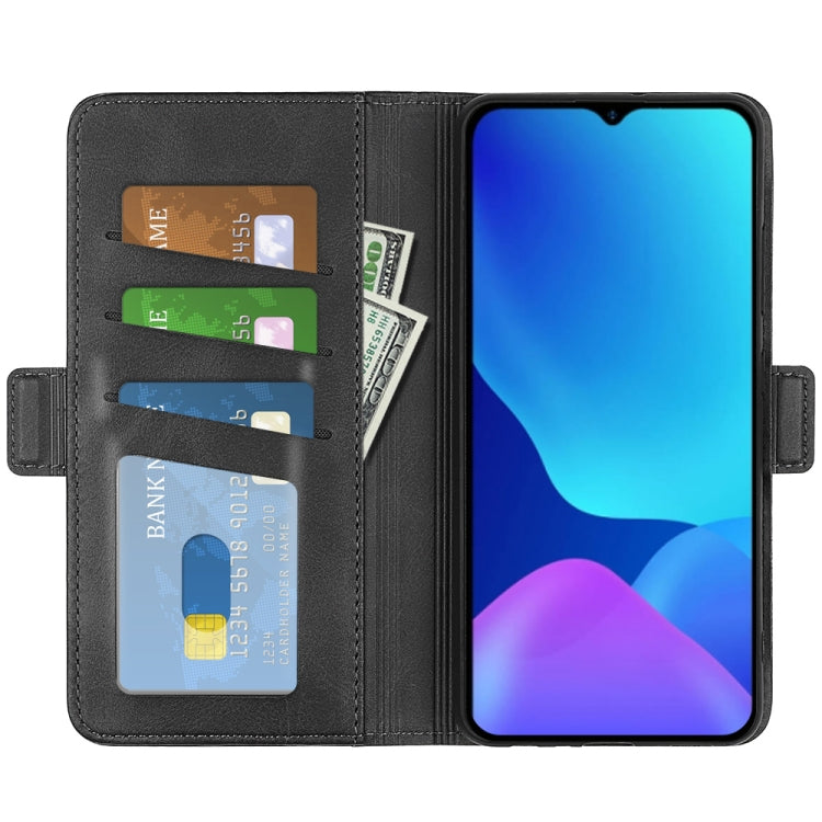 Dual-side magnetic buckle leather phone case, black, open with card slots and phone screen