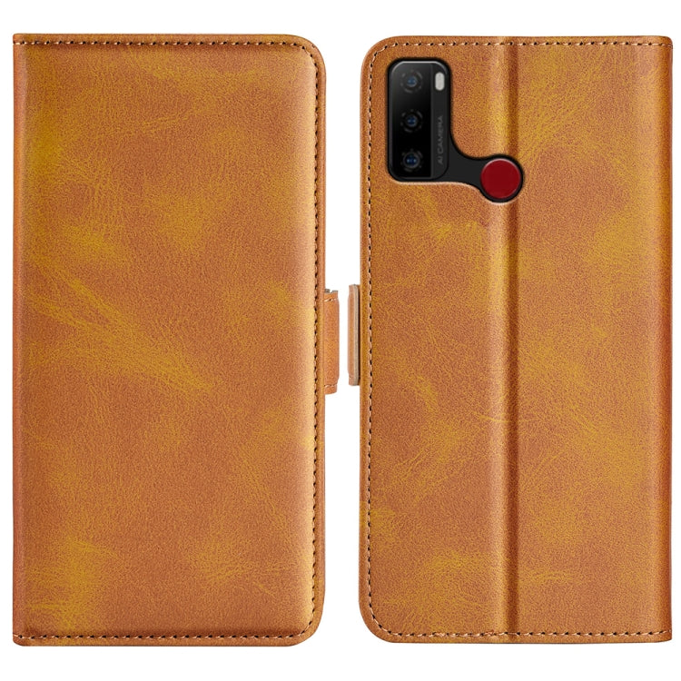 Dual-side magnetic buckle leather phone case, tan/brown, camera cutout with red magnet tab