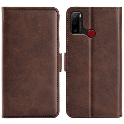Dual-side magnetic buckle leather phone case, dark brown, camera cutout and stitched seams