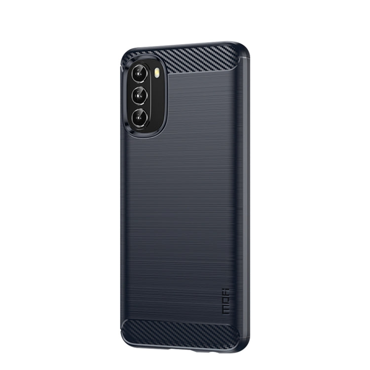 Navy blue brushed TPU phone case with carbon-fiber trim at top and bottom