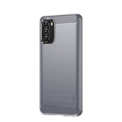 Light gray brushed TPU phone case with carbon-fiber corner accents