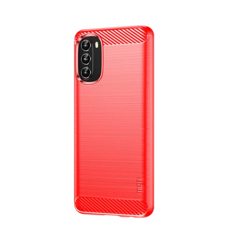 Brushed carbon fiber TPU phone case, red, with two camera cutouts.