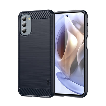 Blue brushed TPU phone case with carbon-fiber accents, front and back view