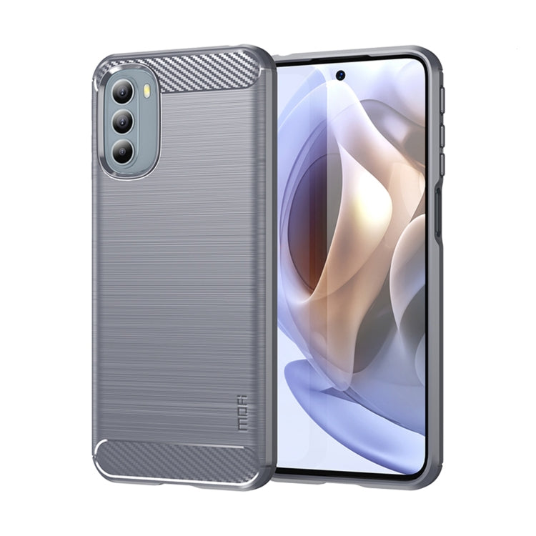 Carbon fiber texture TPU phone case, gray, with camera cutouts and raised edges.