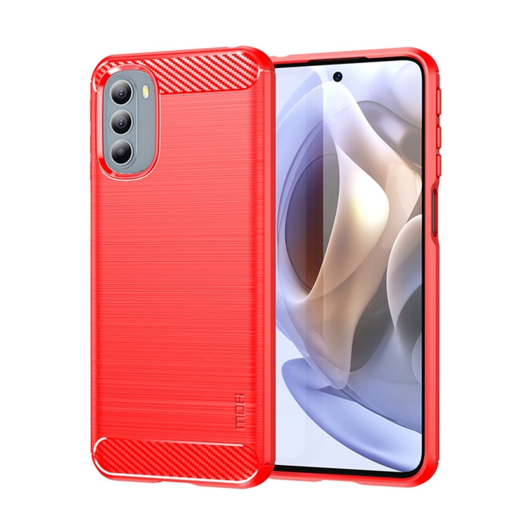 Red carbon fiber TPU phone case with camera cutouts, shown with phone screen on.