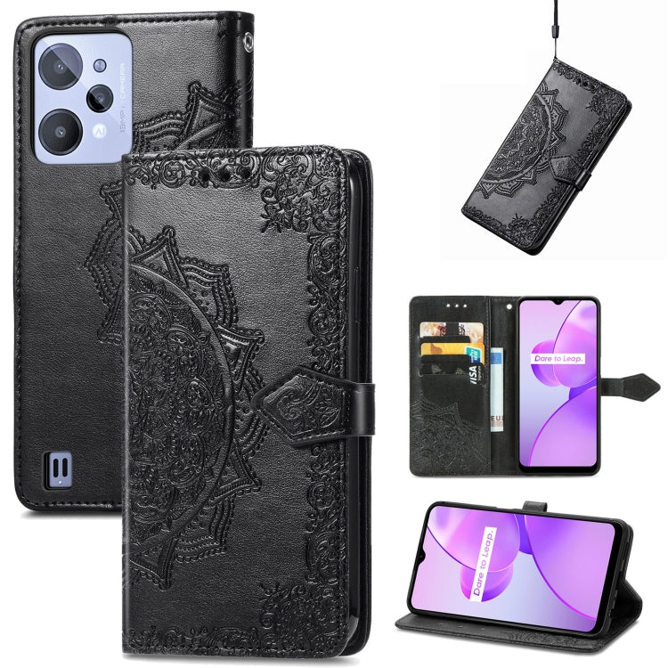 Black embossed mandala leather-style phone case with magnetic flap and card slots