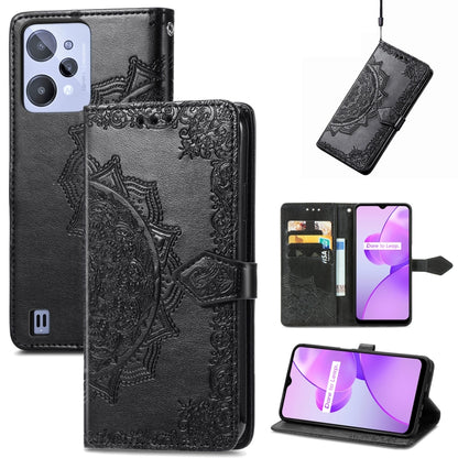 Black embossed mandala leather-style phone case with magnetic flap and card slots
