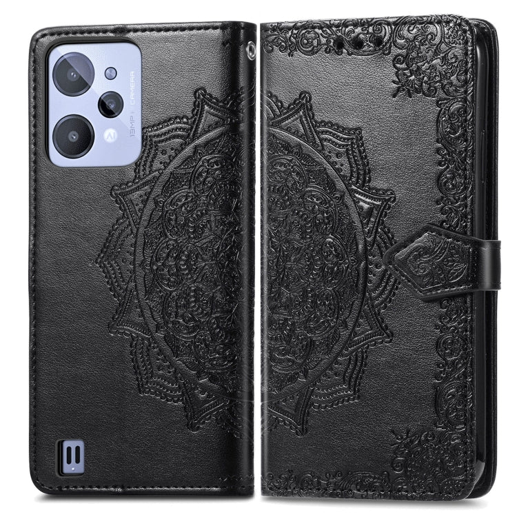 Black embossed mandala leather-style phone case, front and back with flip cover