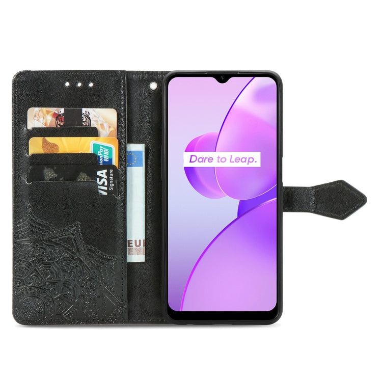 Black embossed mandala leather-style phone case with wallet flap and card holder