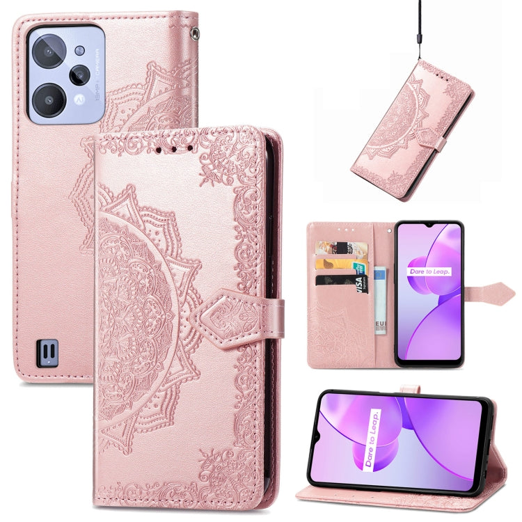 Rose gold embossed mandala leather-style phone case with magnetic flap and card slots