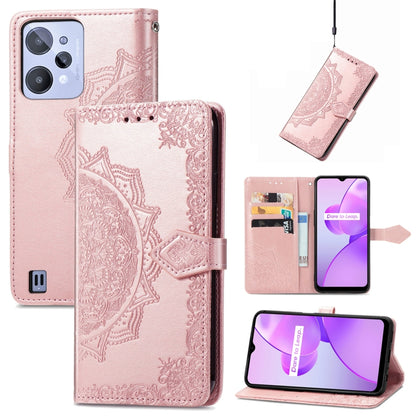 Rose gold embossed mandala leather-style phone case with magnetic flap and card slots