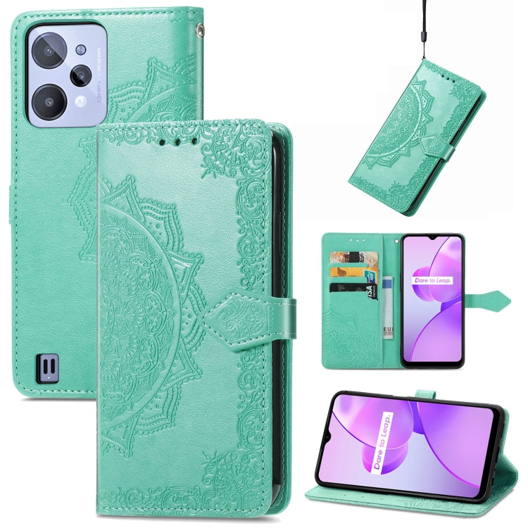 Green embossed mandala leather-style phone case with magnetic flap and card slots