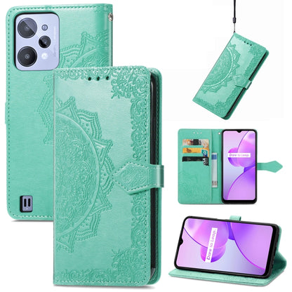 Green embossed mandala leather-style phone case with magnetic flap and card slots