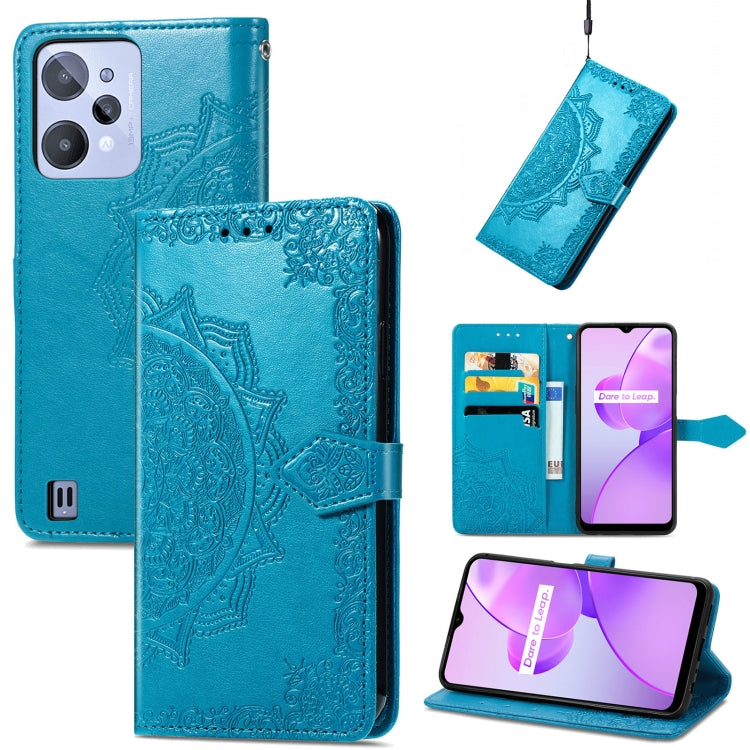 Blue embossed mandala leather-style phone case with magnetic flap and card slots