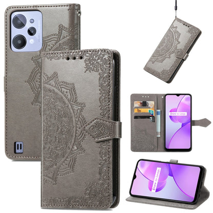 Gray embossed mandala leather-style phone case with magnetic flap and card slots