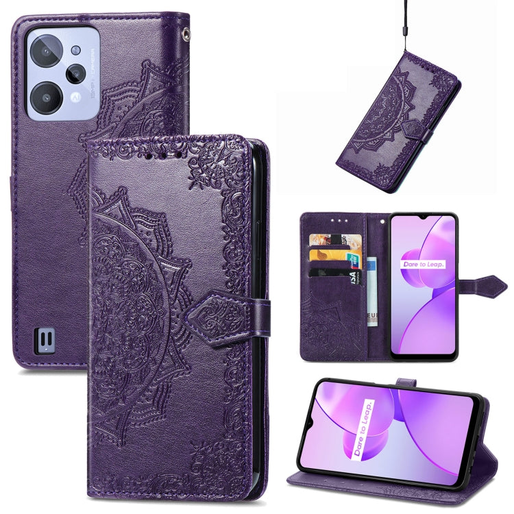 Purple embossed mandala leather-style phone case with magnetic flap and card slots