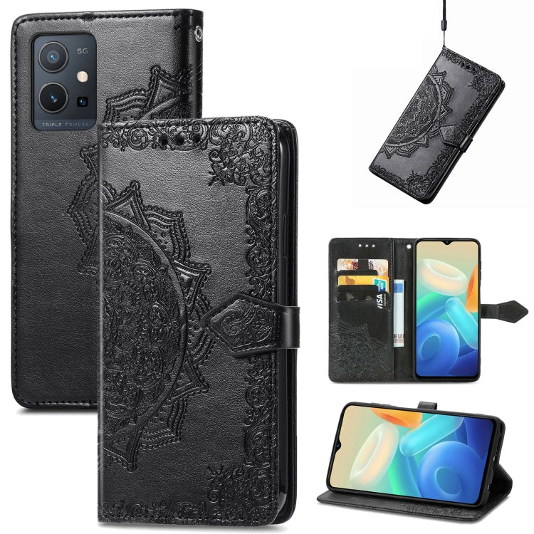 Black embossed mandala leather-style phone case with magnetic flap, card slots, stand