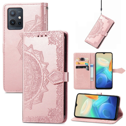 Rose pink embossed mandala leather flip phone case with side card slot and strap