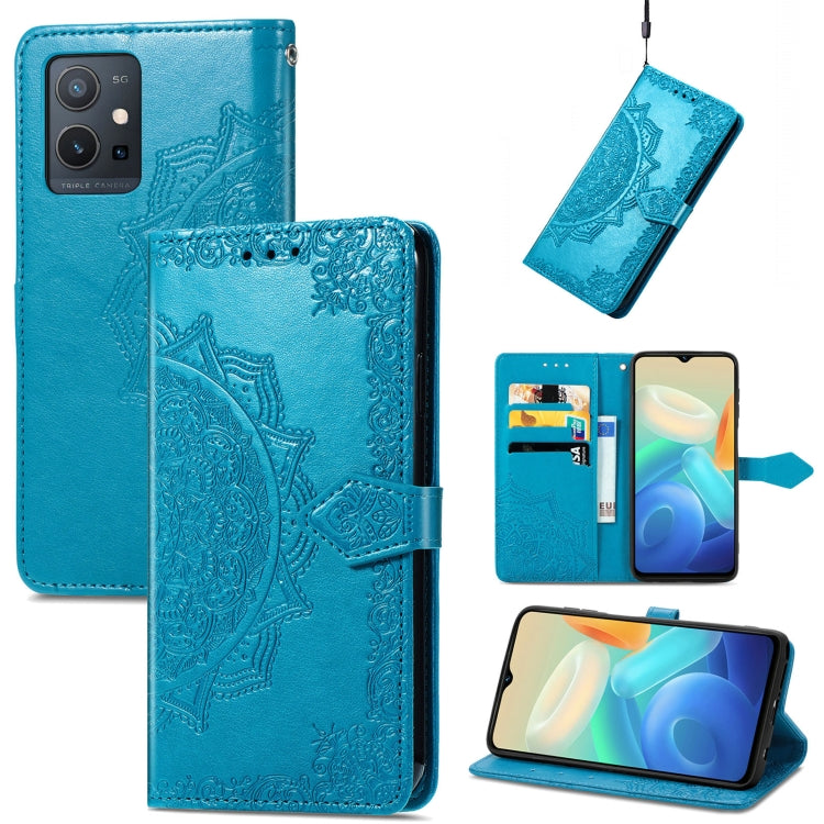 Blue embossed mandala leather flip phone case with card slot and magnetic strap