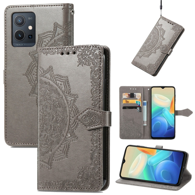 Gray embossed mandala leather flip phone case with card slot and magnetic strap