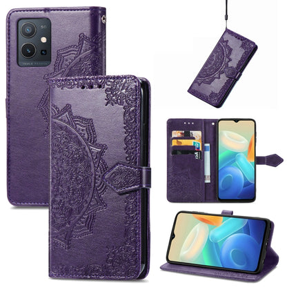 Purple embossed mandala leather flip phone case with card slot and magnetic strap