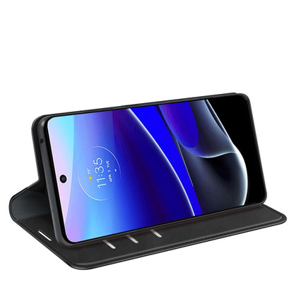 Black leather folio phone case folded into a stand for watching