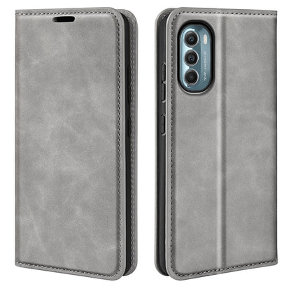 Grey leather folio phone case with camera cutout and stitched border